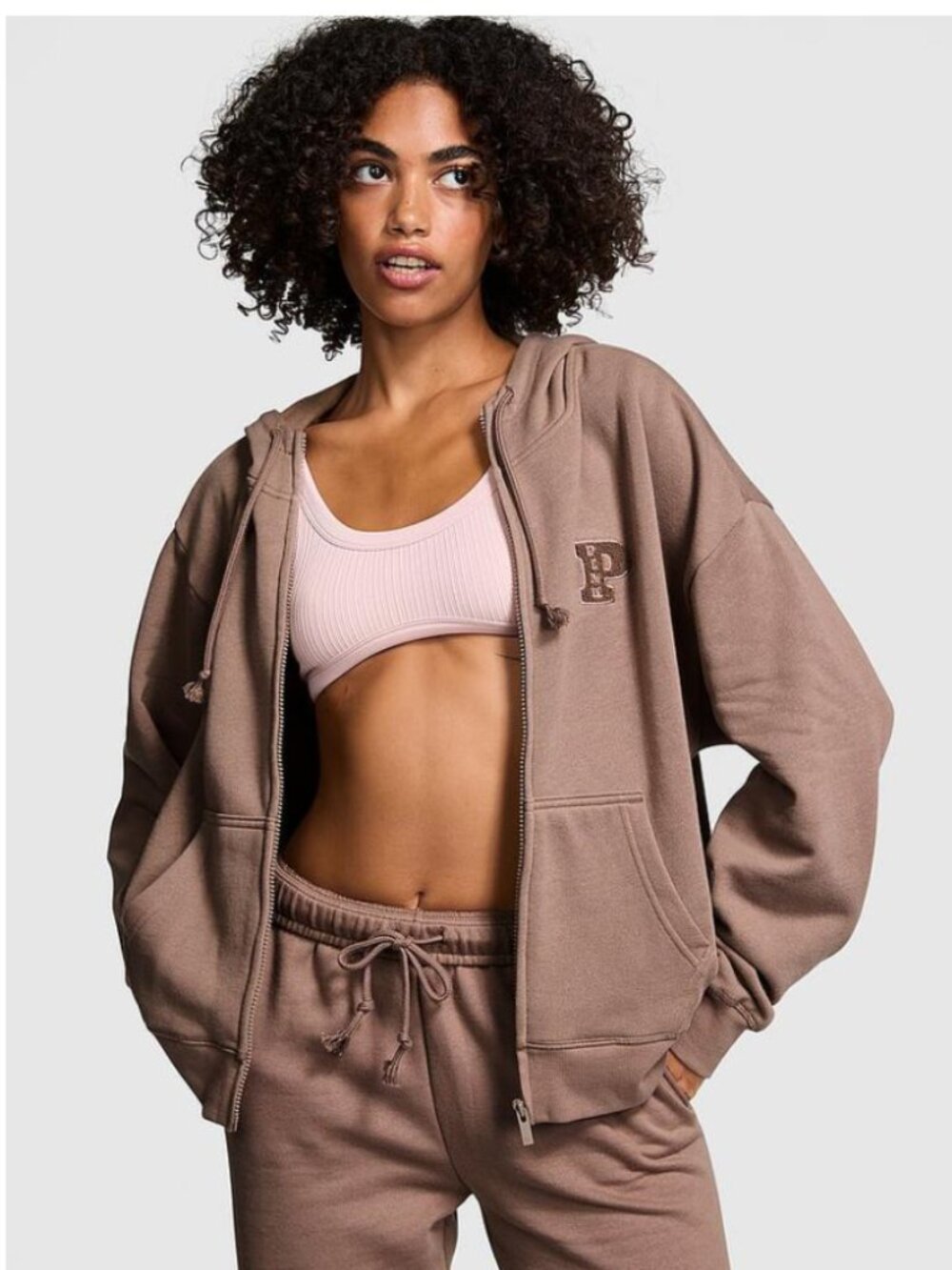 PINK Victoria's Secret Ivy Fleece Campus Full Zip Hoodie Taupe Brown Large NWT